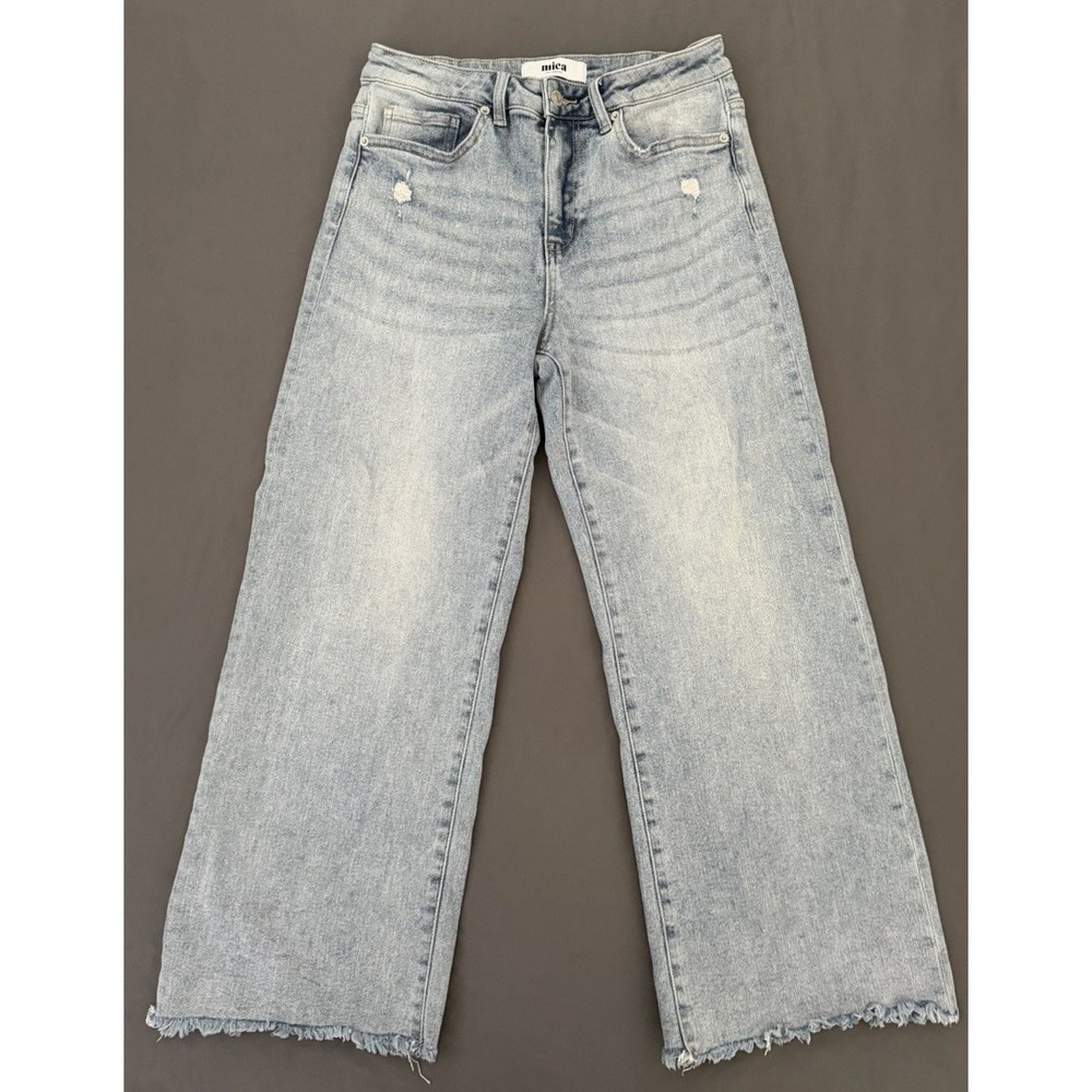 Mica Jeans Womens 27 Light Blue Wide Leg High Rise Raw Hem Distressed Stretch